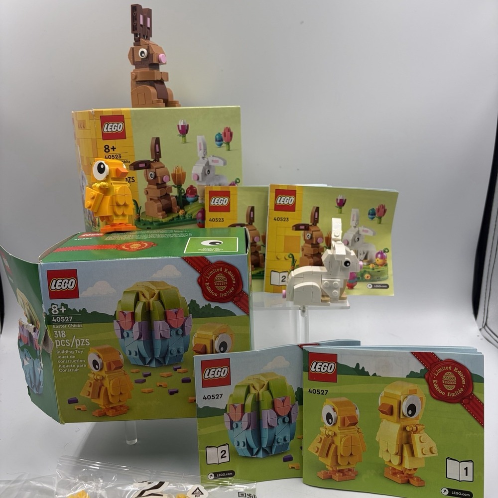 LEGO Easter Sets 40523 & 40527 Easter Rabbits & Easter Chicks Open And Assembled